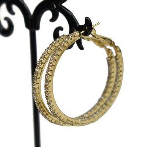 Lauren G Adams Round Hoop Earrings Rhinestone Crystal Inside Out Gold Finish